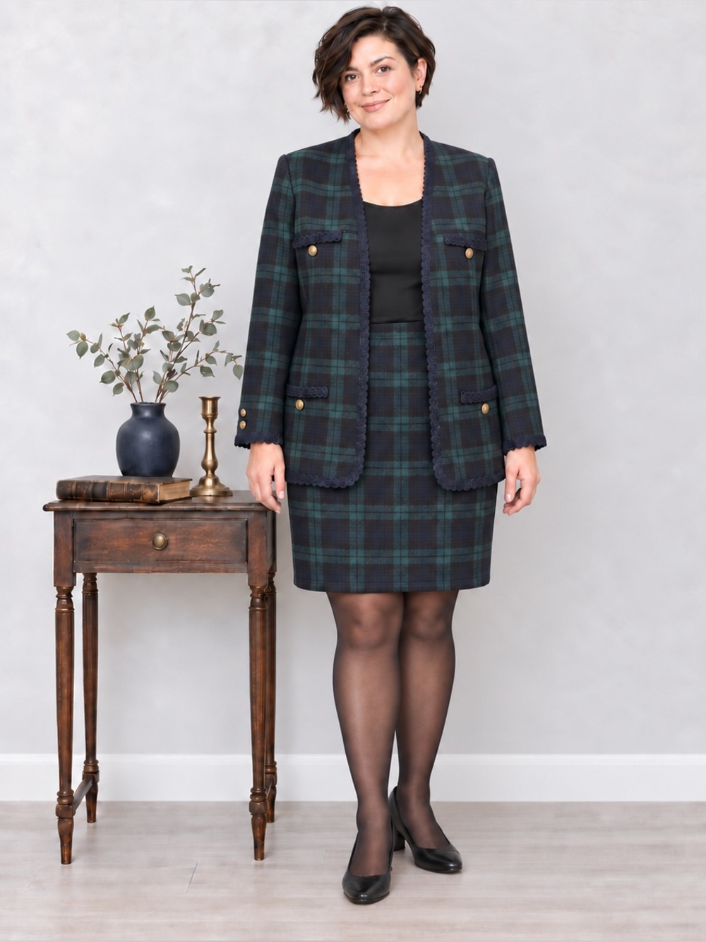 Vintage Black Watch Plaid Knit Skirt Suit 1X